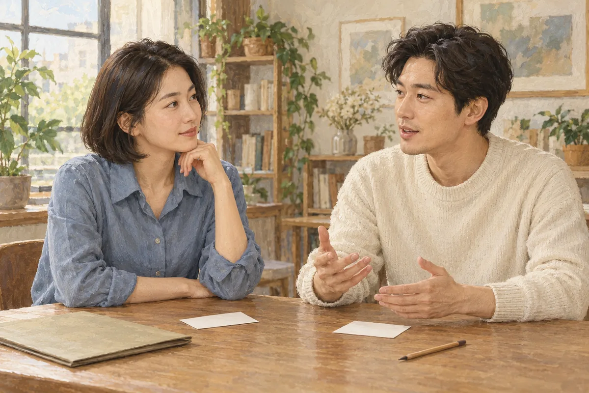 작은 업무공간에서 성인 두 명이 무지 메모 카드를 곁에 두고 대화를 연습하는 삽화