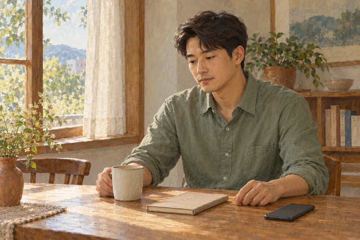 창가 테이블에서 성인이 휴대전화와 닫힌 노트를 곁에 두고 생각을 정리하는 삽화