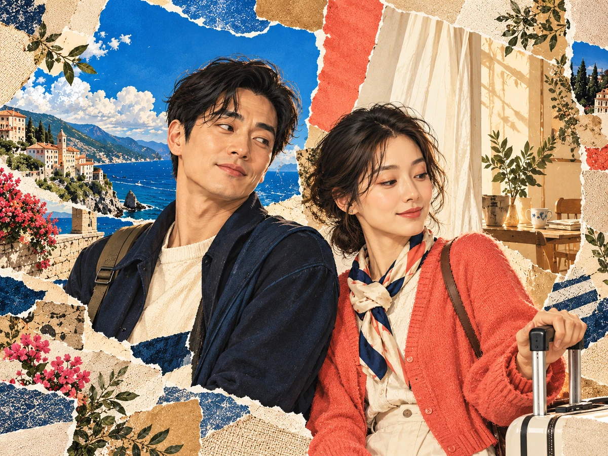여행지와 집의 배경이 겹친 화면에서 서로 다른 방향을 보는 성인 두 인물의 패션 콜라주 삽화.