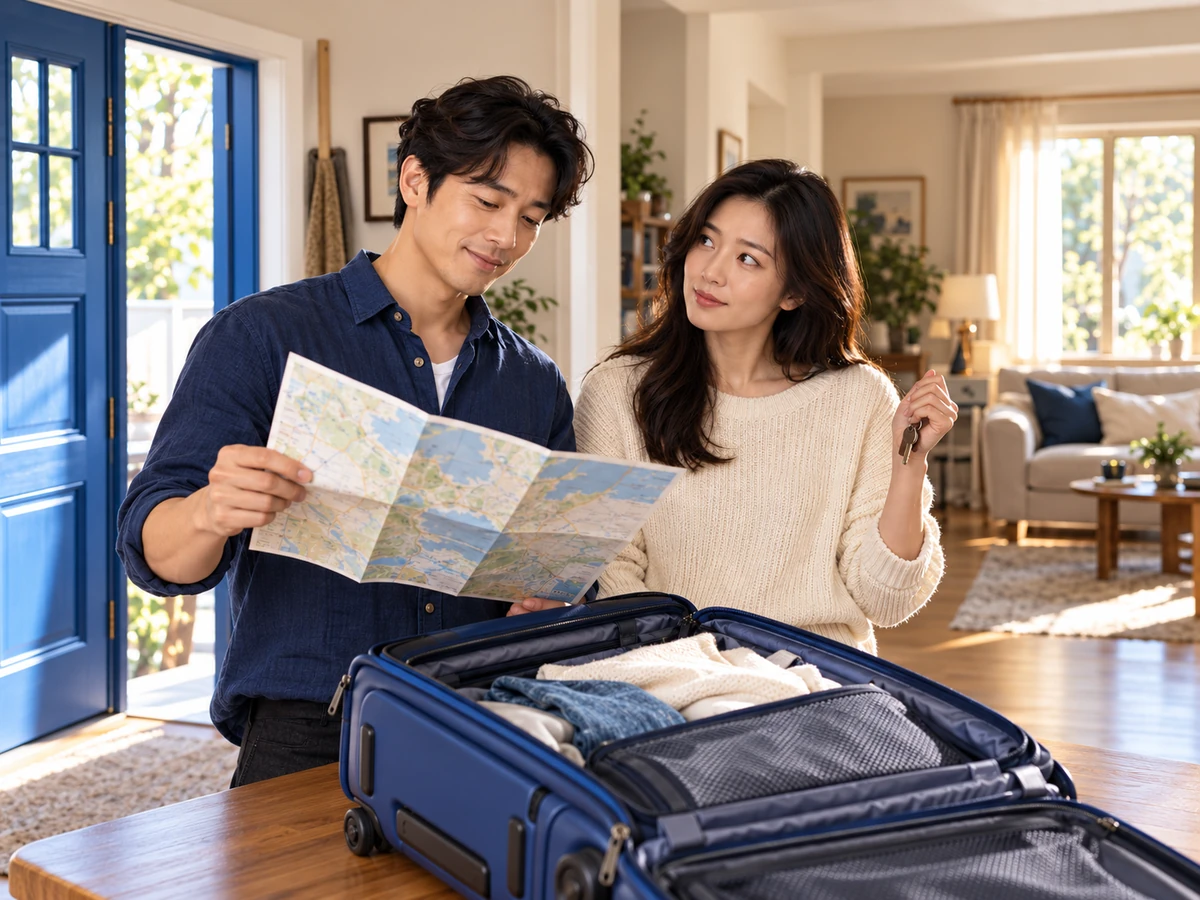 열린 여행 가방 앞에서 서로 다른 표정으로 계획을 확인하는 성인 두 사람.