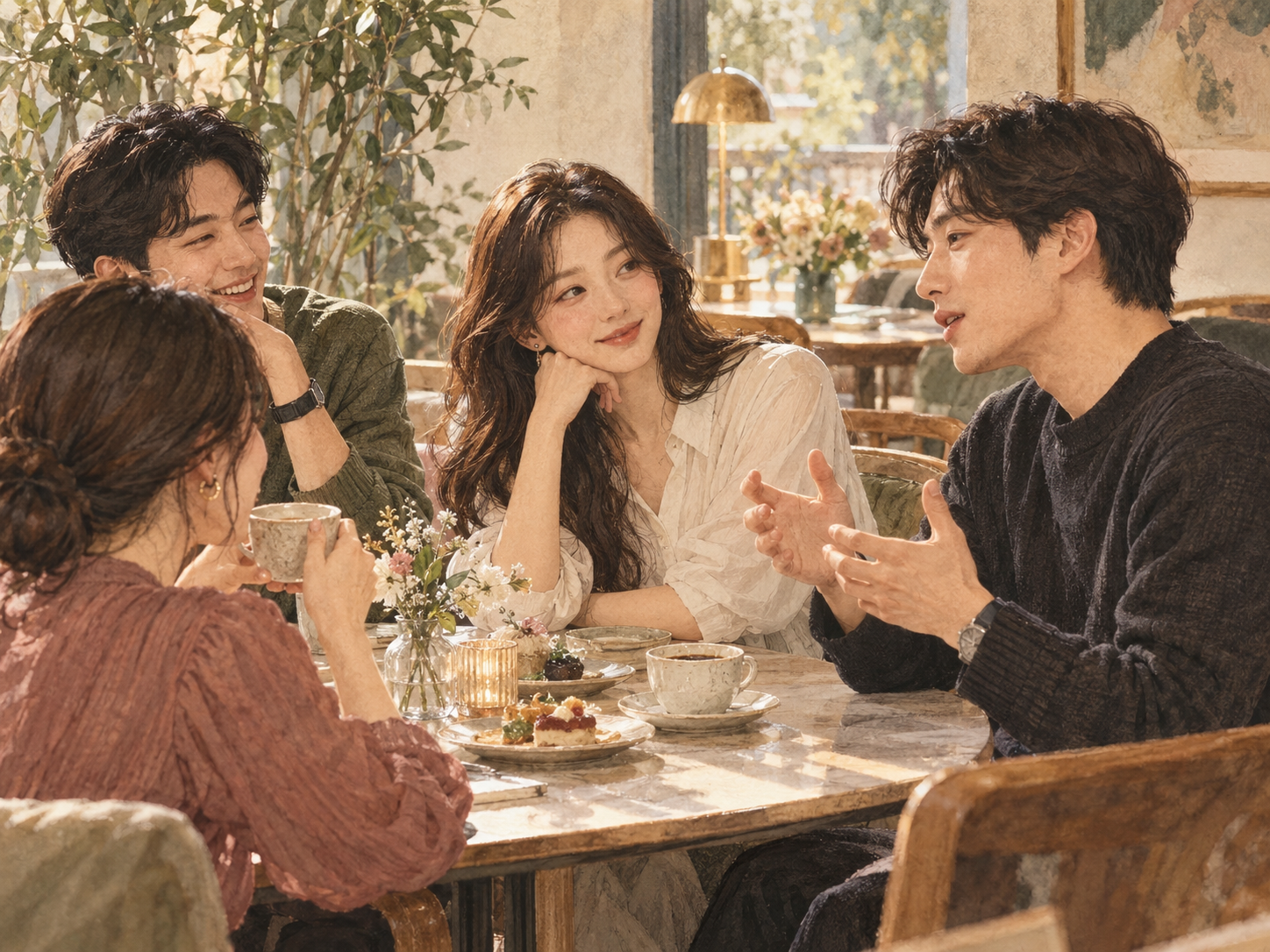 카페 테이블에서 서로의 이야기에 귀 기울이는 성인들의 모임