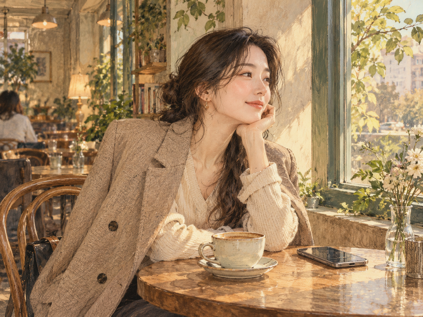 휴대전화를 옆에 두고 카페 창밖을 바라보는 성인 여성