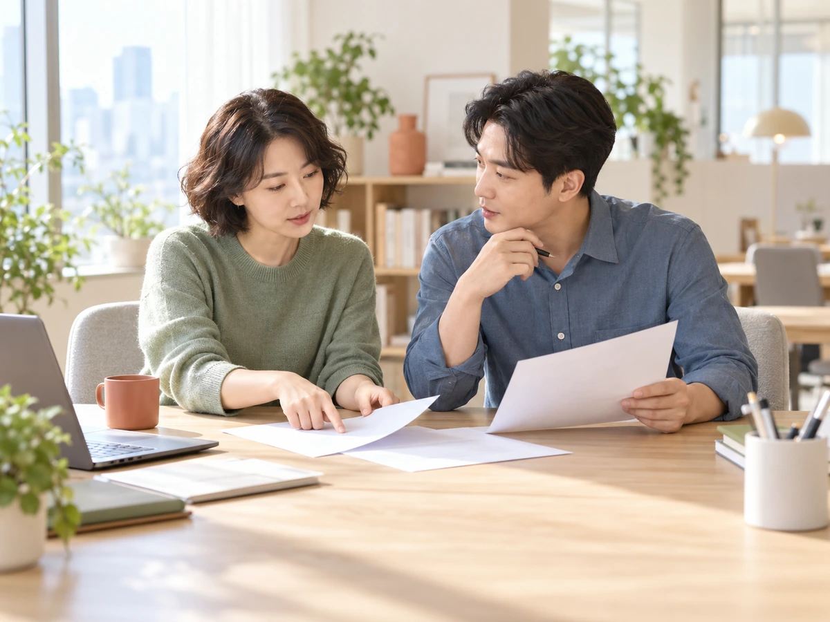 같은 테이블에서 자료를 살피며 질문하고 설명하는 성인 동료 두 명의 삽화