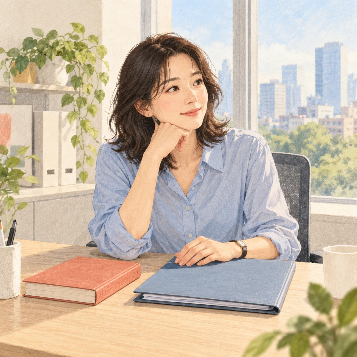책과 업무 폴더를 앞에 두고 새 업무를 살펴보는 성인 직장인의 삽화