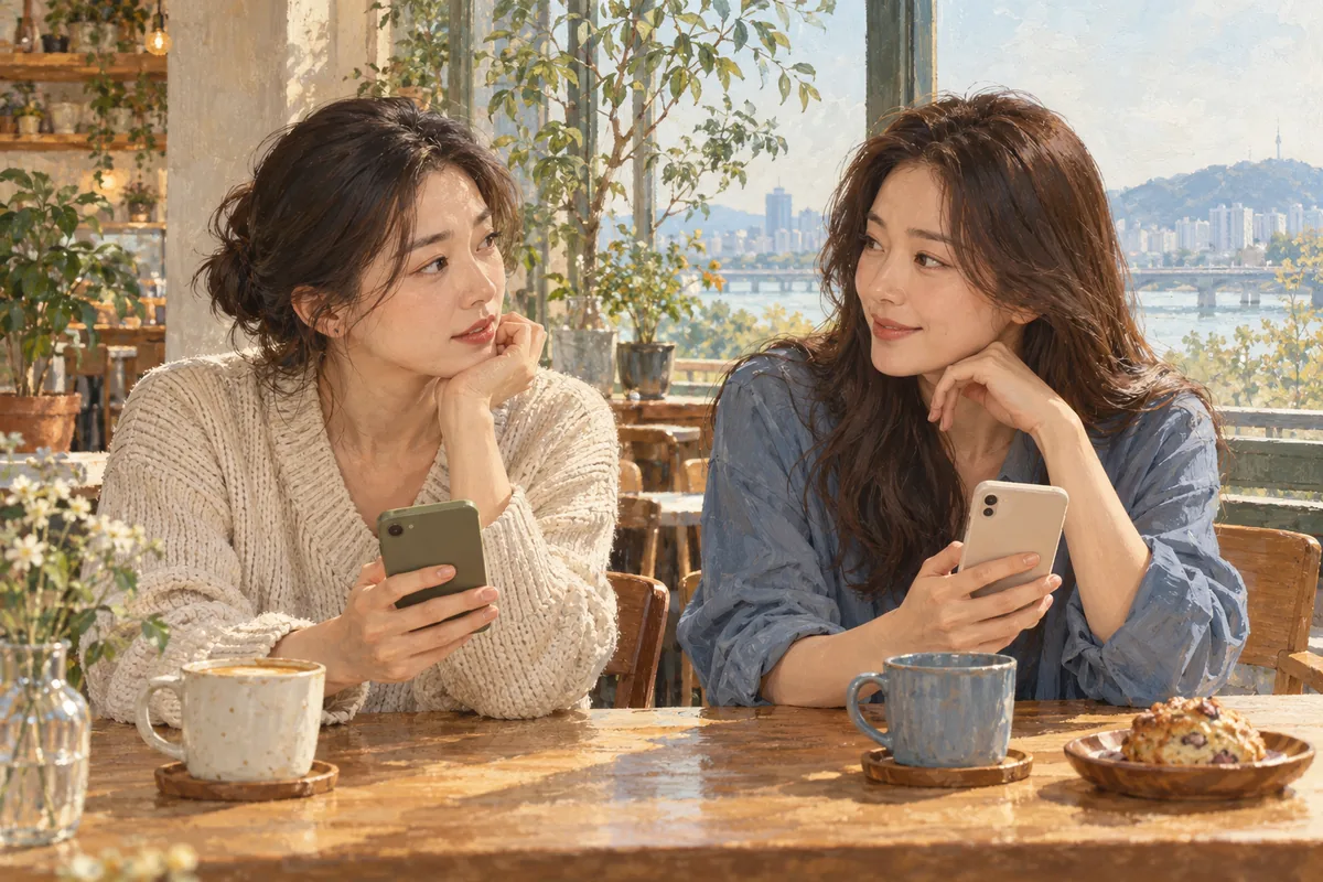 카페에서 휴대전화를 손에 든 성인 친구 두 명이 서로를 바라보는 삽화