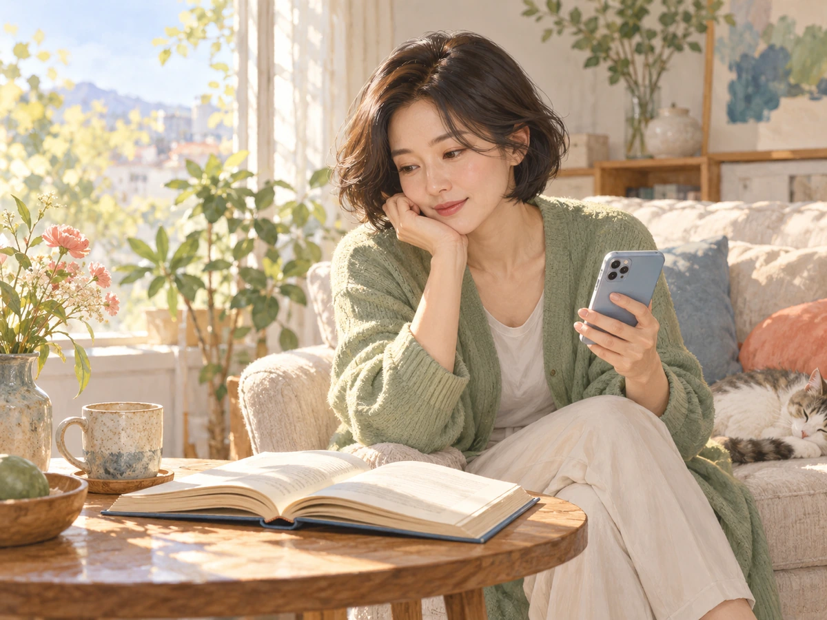창가의 소파에서 책과 휴대전화를 번갈아 살펴보는 성인 삽화