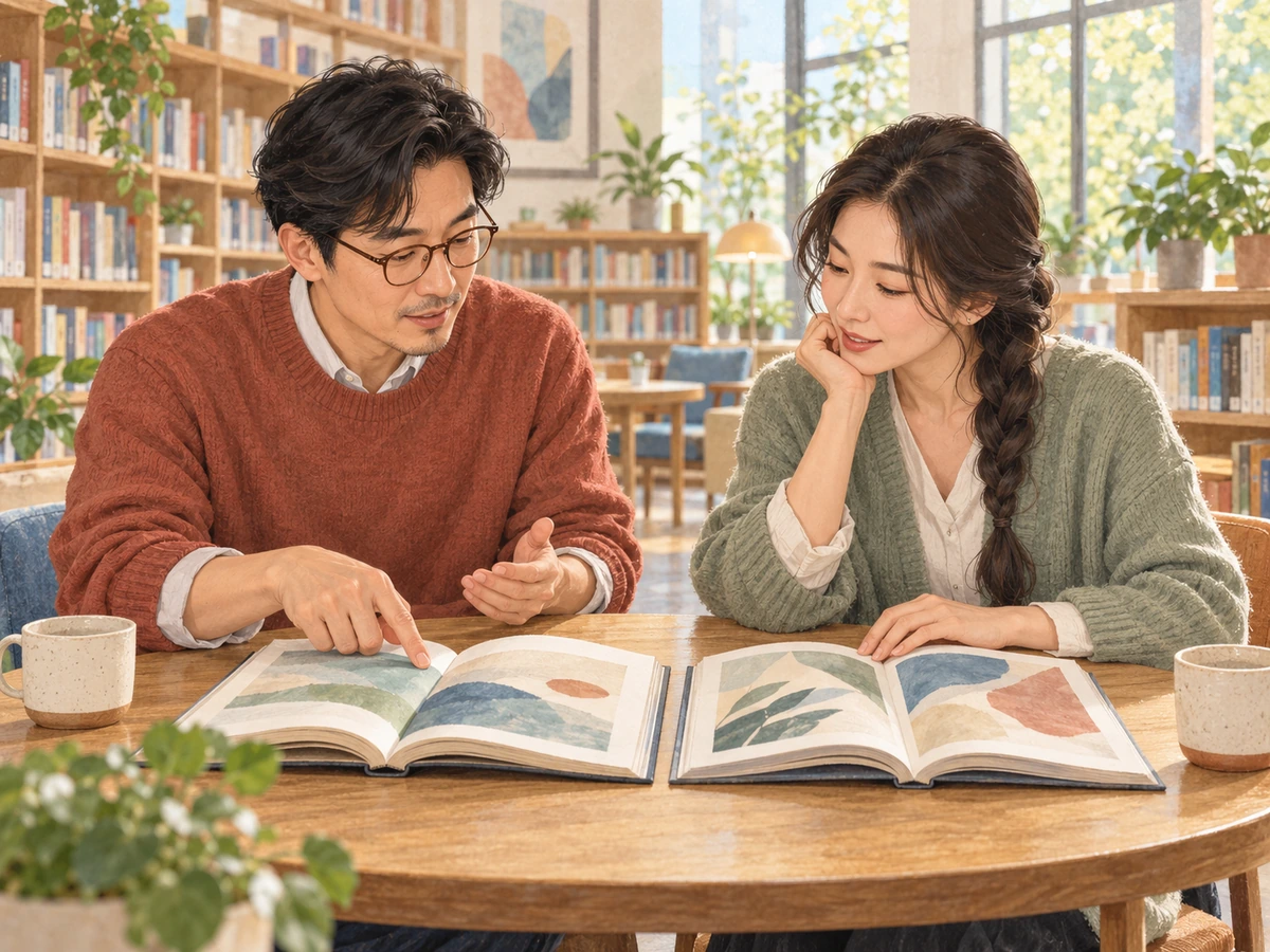 도서관 테이블에서 성인 두 명이 책 두 권을 펼쳐 놓고 함께 살펴보는 삽화