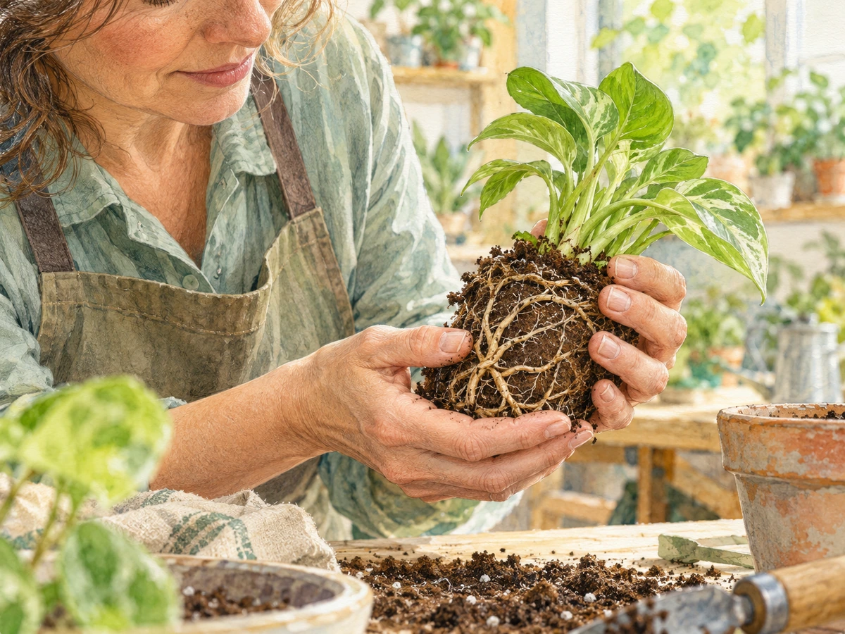 작은 식물의 흙과 뿌리를 두 손으로 받쳐 살피는 성인의 담채 삽화