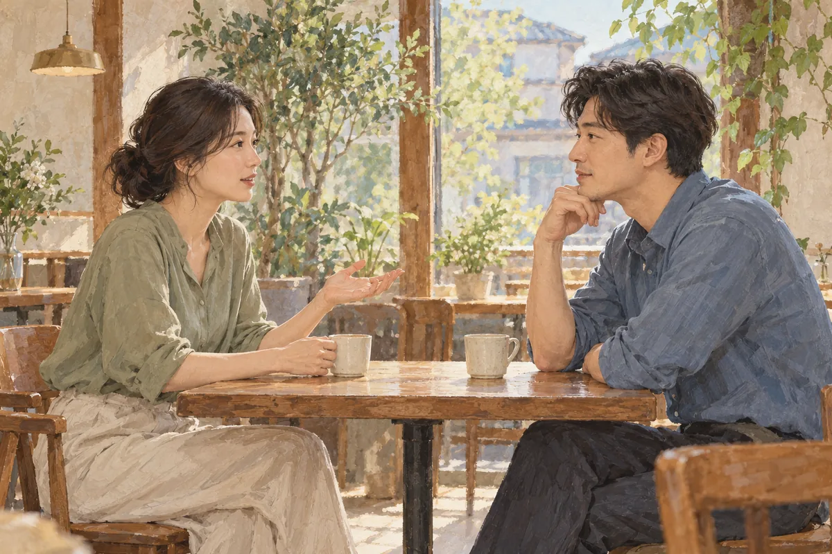 카페 테이블에서 성인 두 명이 서로의 이야기에 귀 기울이며 대화하는 삽화