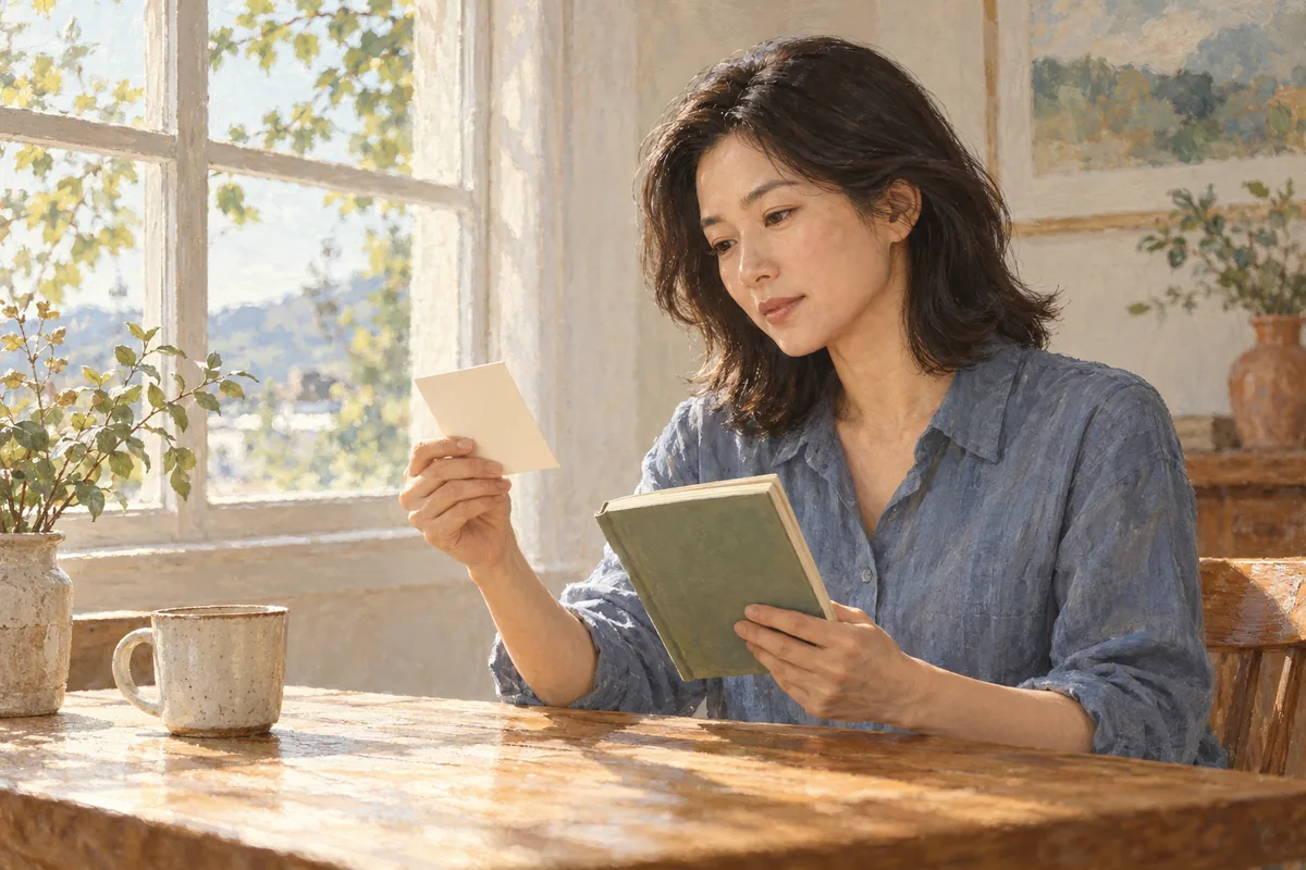 창가 책상에서 성인이 책과 작은 메모를 살펴보며 생각하는 삽화