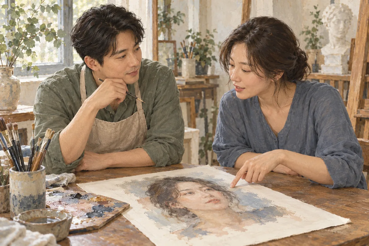 작업실 테이블에서 성인 화가와 주문자가 나란히 앉아 초상화 초안 한 점을 함께 살펴보는 삽화
