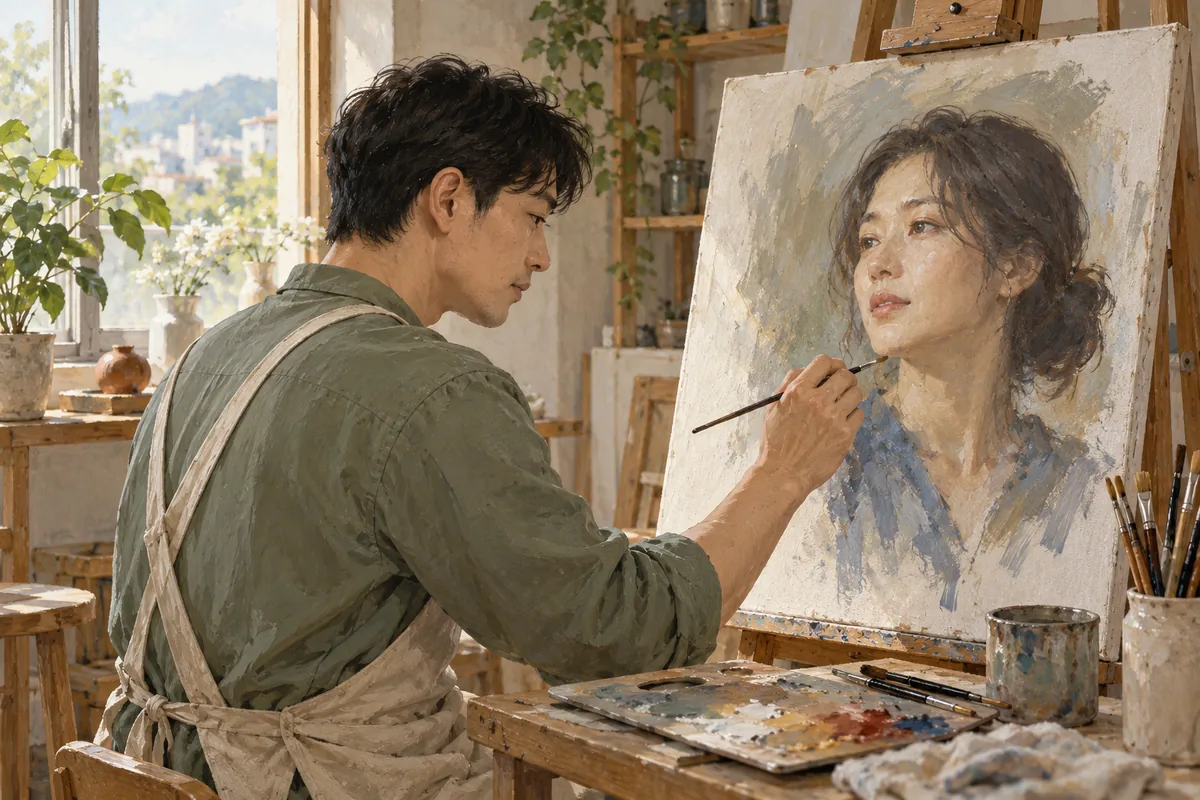낮빛이 드는 작업실에서 성인 화가가 가상의 성인 얼굴을 그린 초상화 한 점을 작업하는 삽화