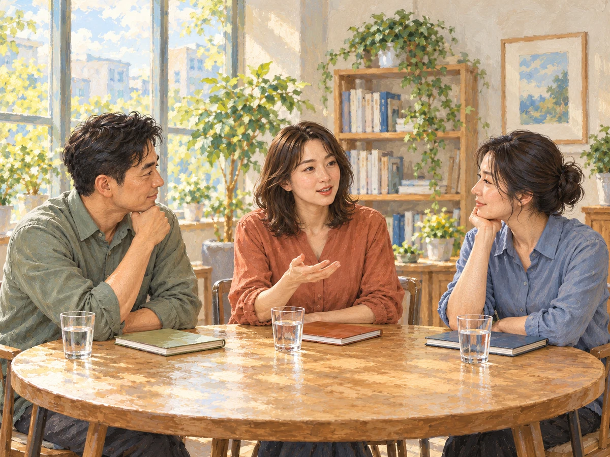 회의 테이블에서 성인 한 명이 작은 손짓으로 의견을 말하고 동료 두 명이 듣는 삽화