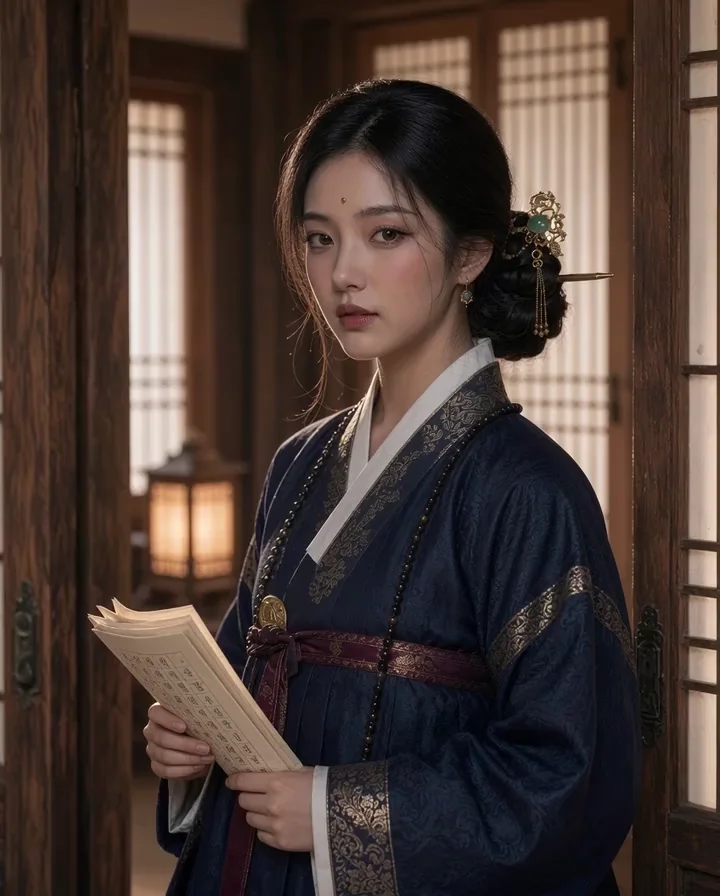 한지첩을 들고 문 앞에서 맞이하는 서리