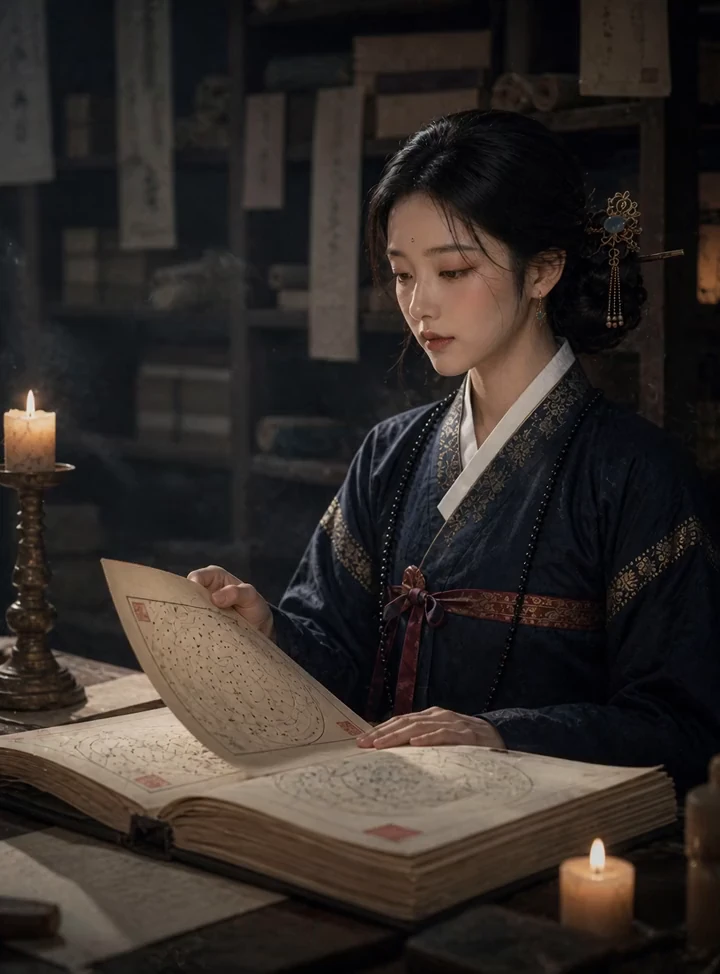 촛불 아래에서 명식 기록의 책장을 넘기는 서리
