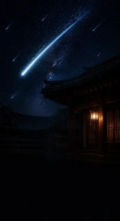 한옥 지붕 위로 별빛이 흐르는 밤하늘
