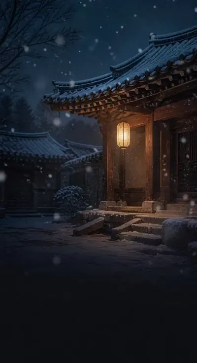 불빛이 머무는 눈 내린 한옥