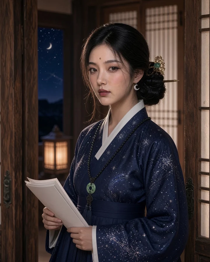별무늬 한복을 입고 방문객을 맞이하는 서리